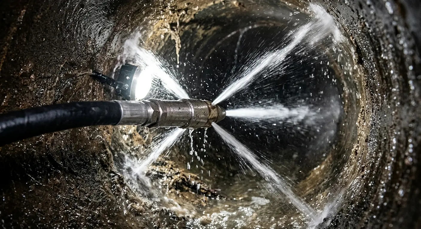 High-pressure hydro jetting nozzle cleaning sewer pipe for Trenchless Sewer Repair in Farmington