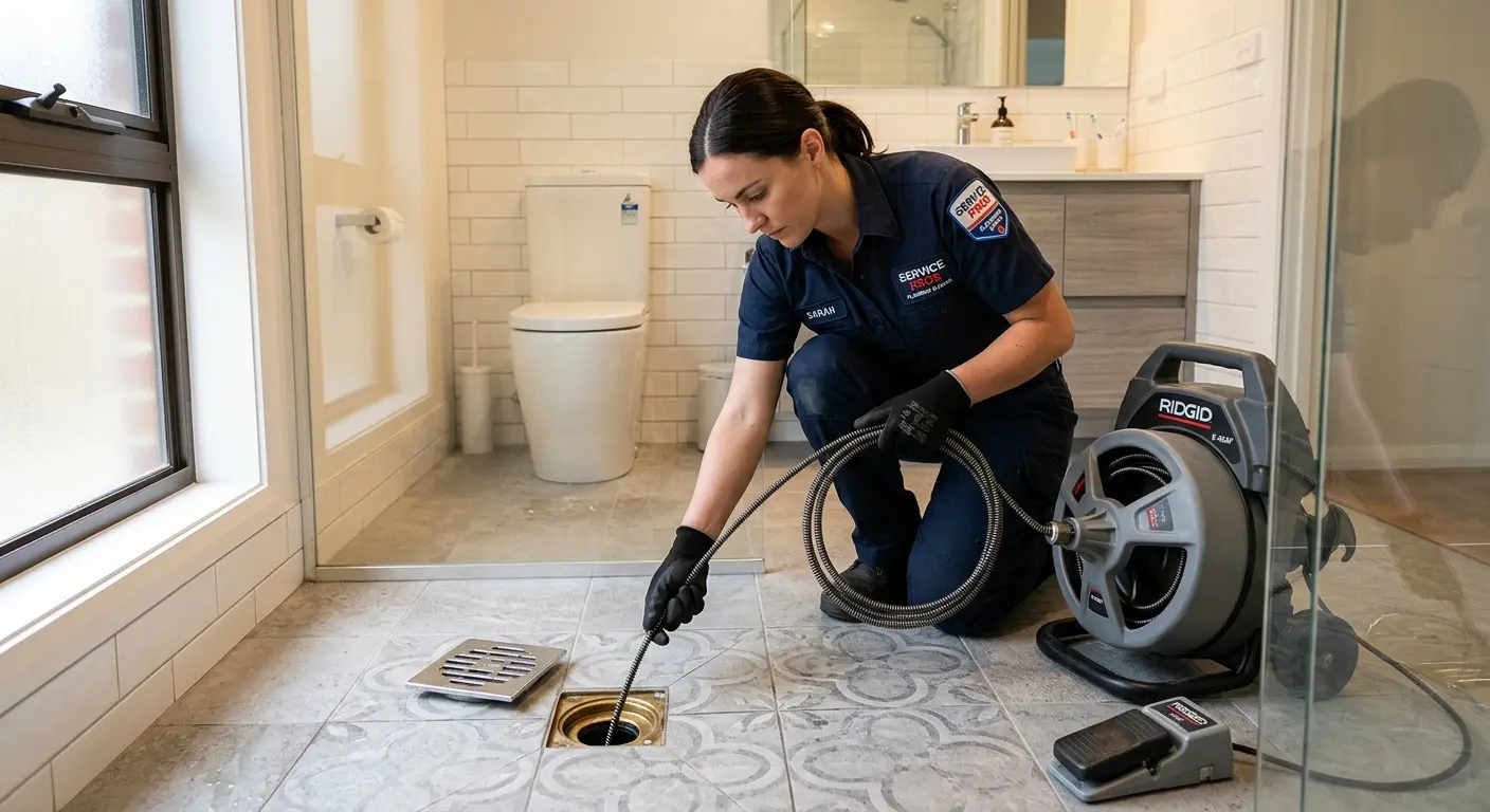 Technician clearing a bathroom floor drain for Sewer Line Installation in Farmington